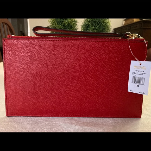 MICHAEL KORS MK LARGE LEATHER CLUTCH WRISTLET RED - Picture 3 of 10